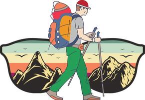 A man with a backpack and hiking poles is walking in front of a mountain. vector