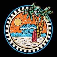 A surfboard and palm trees on the beach. vector