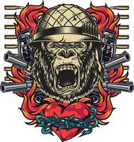 A gorilla in a helmet with guns and flames. vector