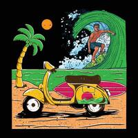 A man riding a scooter on the beach with a wave and palm trees. vector