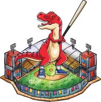 A cartoon dinosaur holding a baseball bat in front of a baseball stadium. vector