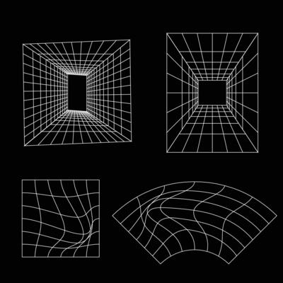 Set of retrofuturistic design elements. Collection of perspective grids, tunnels in cyberpunk 80s style. Cyber retrowave design elements for poster, cover, banners. Vector