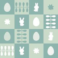 Monochrome Easter pattern with rabbits, striped and dotted eggs and flowers. Print for tablecloth, textile and fabric. Perfect surface design. vector