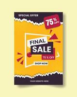 Sale promotion flat banner template with a yellow background and paper shape with a shadow. vector