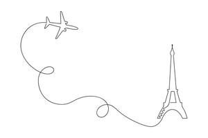 Plane to Paris drawn in one continuous line. One line drawing, minimalism. Vector illustration.