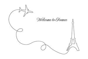 Welcome to France card drawn in one continuous line. One line drawing, minimalism. Vector illustration.