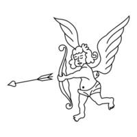Flying vector Cupid holding bow and aiming or shooting arrow hand drawn with contour lines on white background. God of love, Amor, Eros or mythological character with wings.