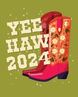 A pair of cowboy boots decorated with flowers and a hand lettering message Yeehaw 2024 on green background. Happy New Year colorful hand drawn vector illustration in bright vibrant colors.