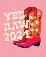 A pair of cowboy boots decorated with flowers and a hand lettering message Yeehaw 2024 on pink background. Happy New Year colorful hand drawn vector illustration in bright vibrant colors.