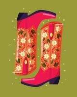 A pair of cowboy boots decorated with flowers on green background. Vibrant and colorful vector illustration.