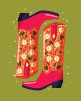 A pair of cowboy boots decorated with flowers on green background. Vibrant and colorful vector illustration.