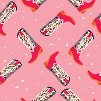 Cowboy boots with flowers and hearts on vibrant pink background, seamless pattern. Cute festive repeat pattern. Bright colorful vector design.