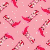 Cowboy boots with flowers and hearts on vibrant pink background, seamless pattern. Cute festive repeat pattern. Bright colorful vector design.