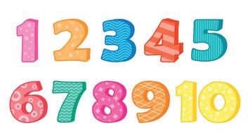 Colorful vector set of numbers 1 to 10 with fun patterns for birthday card designs and childish designs.