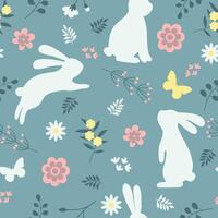 Easter vector seamless background with branches, leaves and flowers and silhouettes of rabbits and butterfly.