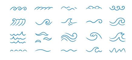 Wave sea line doodle icon set. Hand drawn sketch water wave outline. Simple curve, scribble aqua flow. Isolated vector