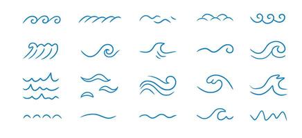 Wave sea line doodle icon set. Hand drawn sketch water wave outline. Simple curve, scribble aqua flow. Isolated vector