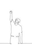 man stands with his fist raised high - one line drawing vector. concept militant or motivating gesture vector