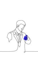 hermoso hombre en negocio traje sostiene botella de de los hombres perfume en azul color - uno línea dibujo. concepto de comprando regalo para hombres, elegir perfume para tú mismo vector