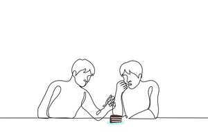 guys eat a piece of cake for two - one line drawing vector. concept sharing food with a sibling or friend, an expensive dessert vector