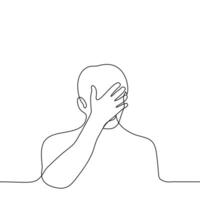 man covered his face with his hand - one line drawing vector. concept of facepalm, cringe, desperate crying vector