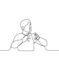 man actively gesticulating something explaining - one line drawing vector. emotional speech concept, passionate storyteller, charismatic speaker vector