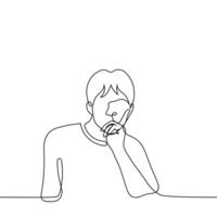 frowning man props his face up with his hand - one line drawing vector. the concept of thinking, unpleasant thoughts, dissatisfied vector