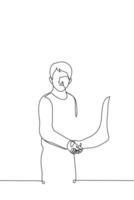 man shaking hands with someone - one line drawing vector. concept of saying hello to an unpleasant person, uncommunicative person, an angry person who is being forced vector