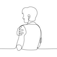 man stands hugging himself - one line drawing vector. the concept of self-reflection, self-support, self-soothing, self-love, self-acceptance vector