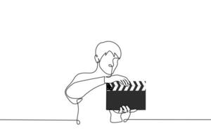 man holding clapperboard - one line drawing vector. filming process concept vector