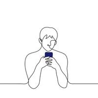 man typing on phone - one line drawing vector. concept of intensive correspondence on phone in social networks or playing mobile games vector