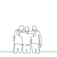 friends stand embracing and look in the same direction with their backs to the viewer - one line drawing vector. concept best friends, family vector