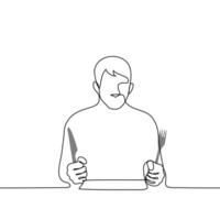 hambriento hombre sentado a el mesa Listo a comer y agarrando un tenedor y cuchillo - uno línea dibujo vector. concepto de insaciabilidad, hambre, dieta vector