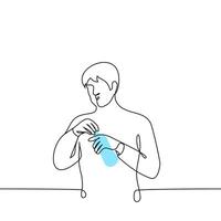 man puffed out cheeks while drinking water from bottle - one line drawing vector. concept of quenching thirst, mineral water, soda in a plastic bottle vector