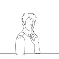 man put his finger to his mouth - one line art vector. concept of silence, call for silence, boycott, ignoring, hushing up, keeping secret vector