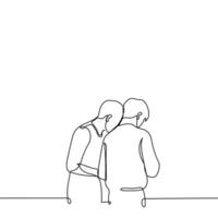 two men stand leaning over something - one line drawing vector. concept general interest, passion, workflow, observation, experiment vector