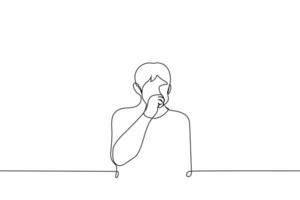 man with full or pouted cheeks put his fist to his mouth - one line drawing vector. concept, coughing, choking, hiding that you are chewing, eat food in a prohibited place vector