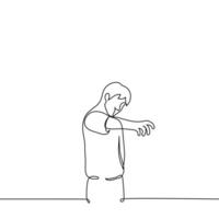 man standing with outstretched hand palm down his fingers spread wide as if he wants to grab something - one line drawing vector. concept desire or dream vector