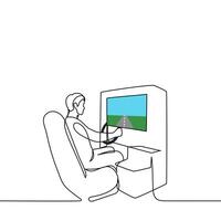 man sitting at driving simulator - one line drawing vector. auto driving simulation slot machine concept vector