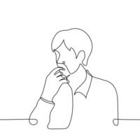 man sitting biting his index finger - one line drawing vector. the concept of surprise, mystery, interest, intrigue, infantilism, finger licking vector