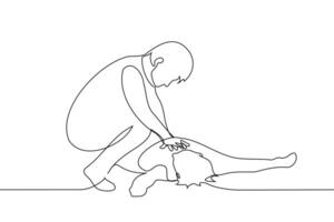 man makes an indirect heart massage to a lying person - one line drawing. first aid concept vector