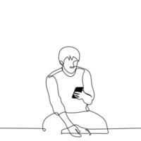 hombre sentado relajado con teléfono - uno línea dibujo vector. concepto manspreading vector