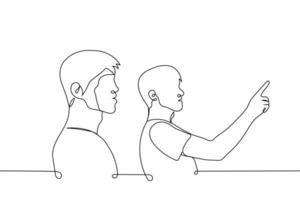 hombre puntos su dedo y el segundo uno mira en el indicado dirección - uno línea dibujo vector. concepto indicar dirección, observar, concentrarse, enfocar, pagar atención vector