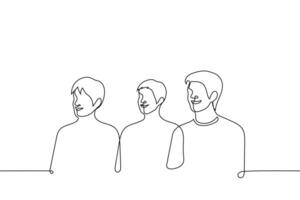 group of men laughing looking at something - one line drawing vector. concept to watch something funny, laugh at a joke vector