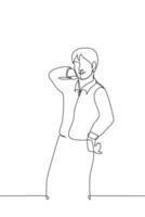 man stands playfully smiling and posing - one line drawing vector. concept posing for photo, male fashion model in shirt, man tempt vector