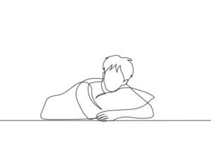 man shaggy raised his head from the pillow which he hugs with both hands - one line drawing vector. concept to wake someone up early in the morning vector