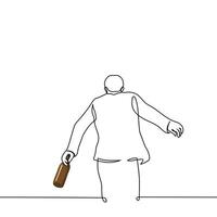 man walking staggering with bottle in hand - one line drawing vector. concept drunkard with a drink vector