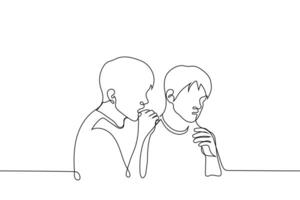 two men look shocked in the same direction - one line drawing vector. concept friends scared, shocked, surprised vector