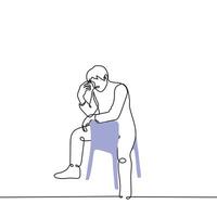 man sits on a chair incorrectly with his hands resting on the back of the chair - one line drawing vector. concept informal sitting posture vector