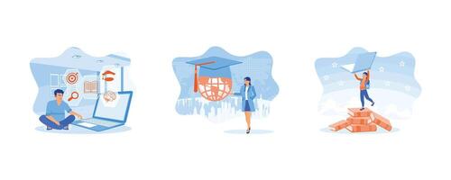 Man using a laptop to take online lessons from home. Education in a Global World. Cheerful girl standing on a pile of books. set flat vector illustration.